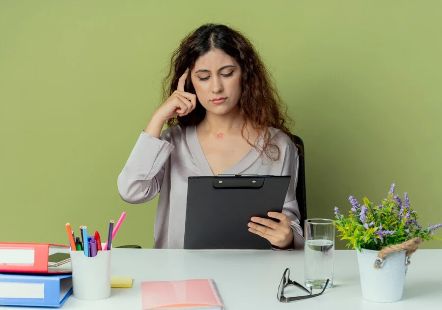 A woman sitting at a desk with a clipboard, managing mental health billing.