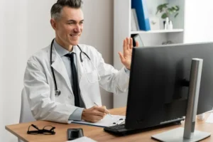 A doctor sitting at his desk, waving, discussing benefits of using EHR software in internal medicine billing.