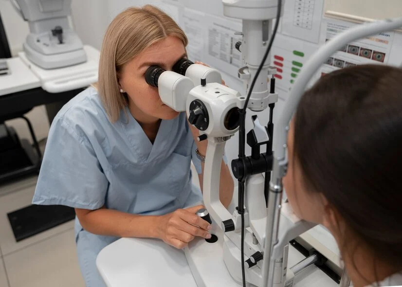 Two women engaged in an eye examination at an ophthalmology clinic.