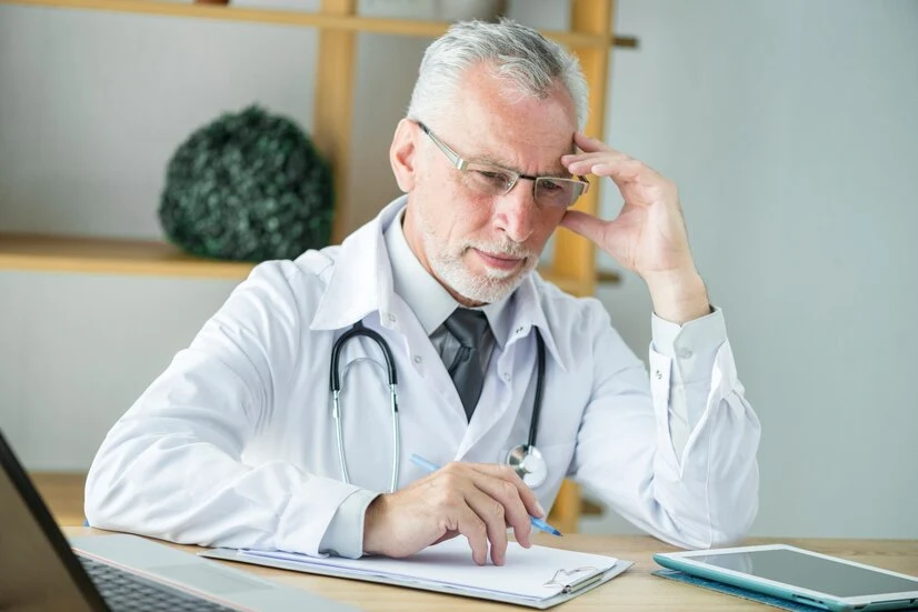 A man in a white coat sits at a desk with a laptop and pen, discussing Nephrology Medical Billing challenges.