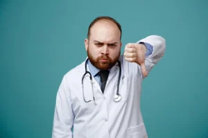 A doctor in a white coat gesturing with his finger about the Illegal Medical Billing Practices.