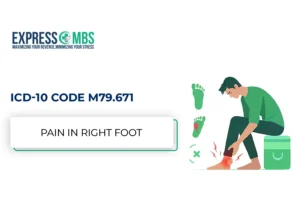 A women worry about the foot pain sit at table use for diagonisis code ICD-10 Code M79.671 for treatment and billing process in healthcare system.