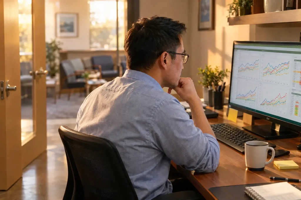 practice administrator studying billing KPIs on a monitor