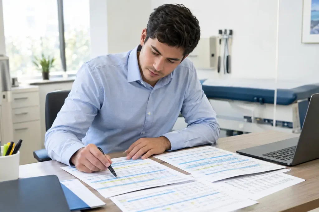 Billing coordinator auditing accounts receivable reports before switching billing companies