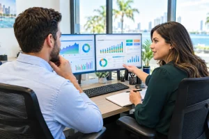 Revenue cycle management Florida medical billing specialists reviewing claims dashboard