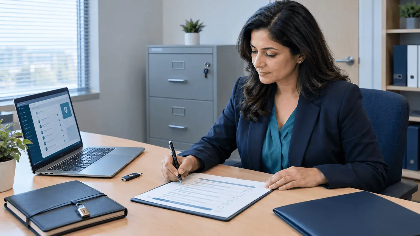 Compliance coordinator reviewing a HIPAA privacy and security checklist at her desk