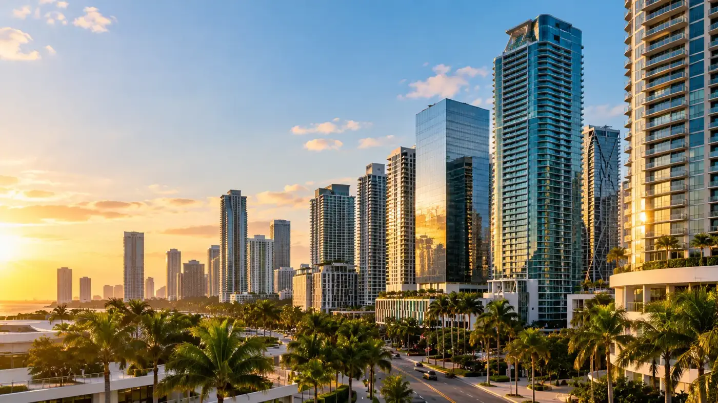 Miami, Florida skyline at sunset, a medical billing service area for Express MBS