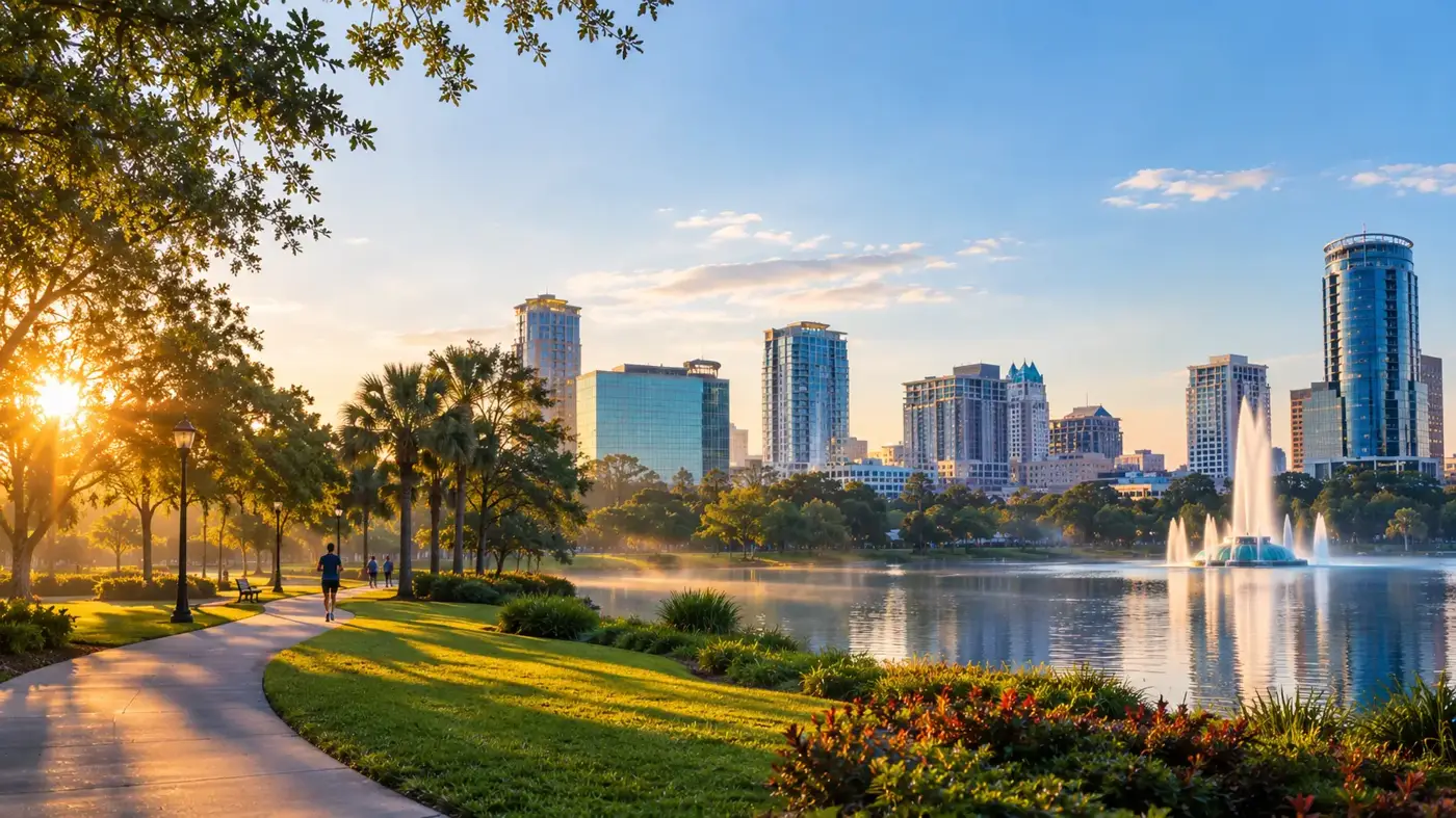 Orlando, Florida skyline at Lake Eola, a medical billing service area for Express MBS