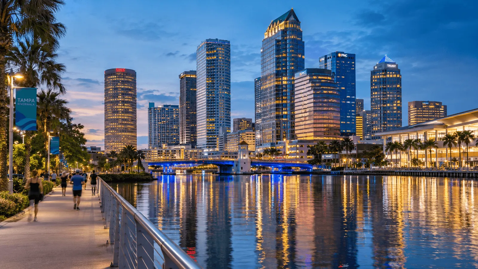 Tampa, Florida Riverwalk at blue hour, a medical billing service area for Express MBS