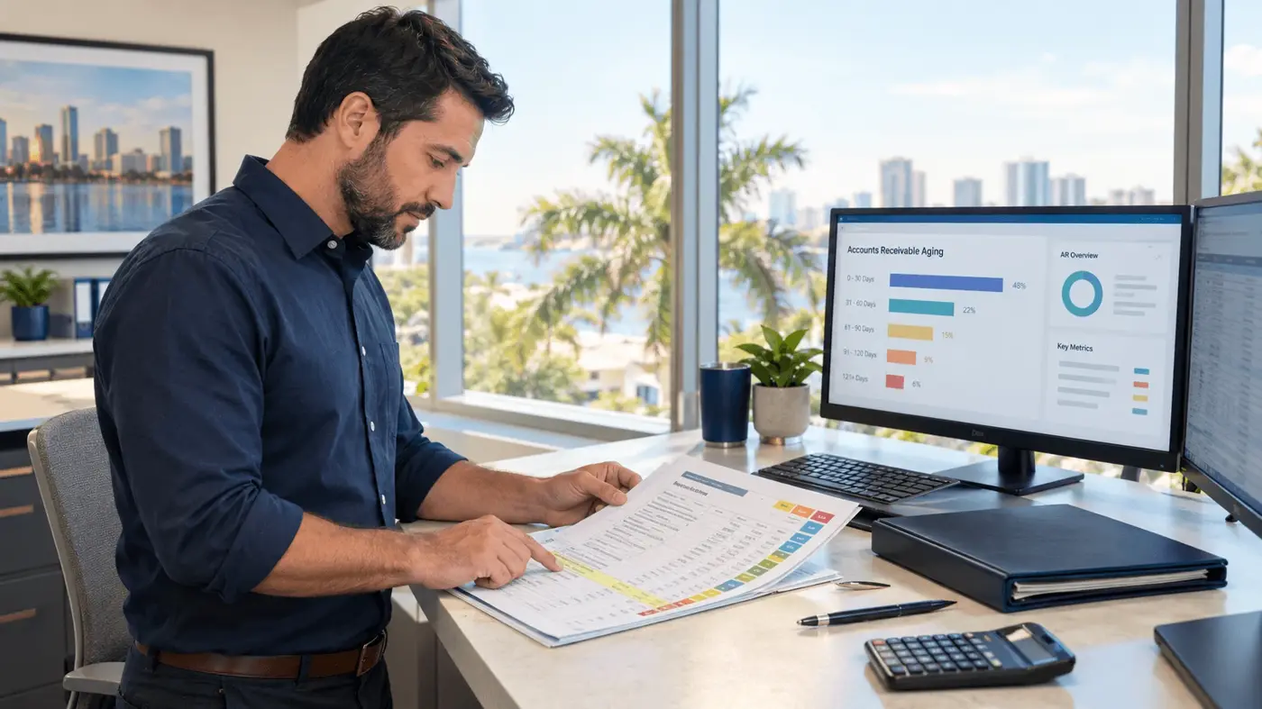 Revenue specialist reviewing an accounts receivable aging report for a pain management practice
