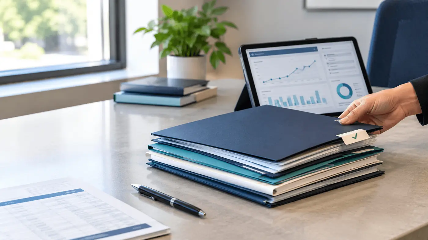Organized folders and a tablet showing recovered accounts receivable results