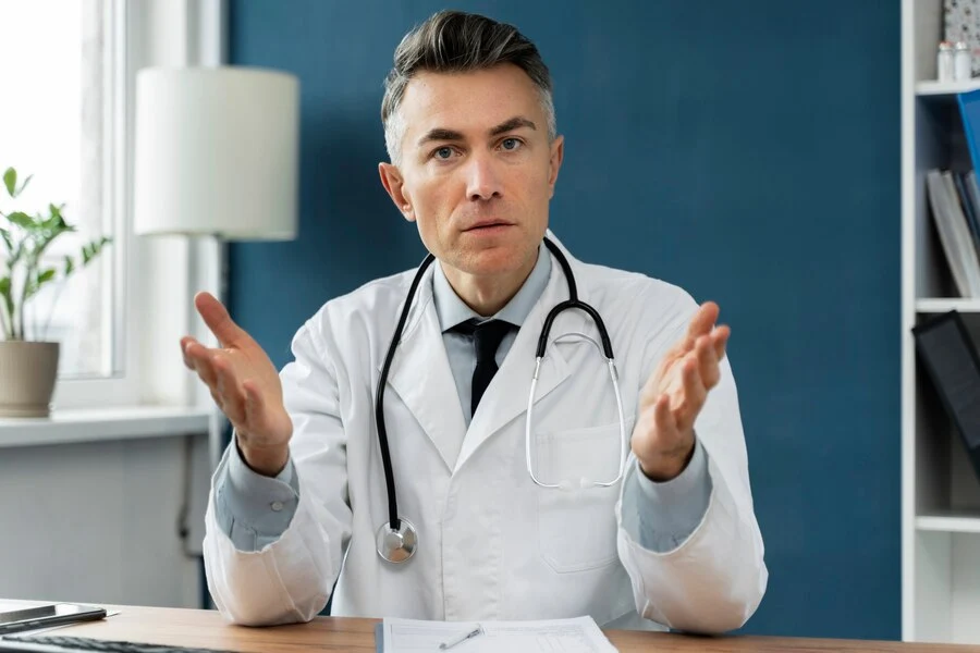 Male doctor sitting at desk with hands outstretched, discussing common challenges in oncology billing and coding.