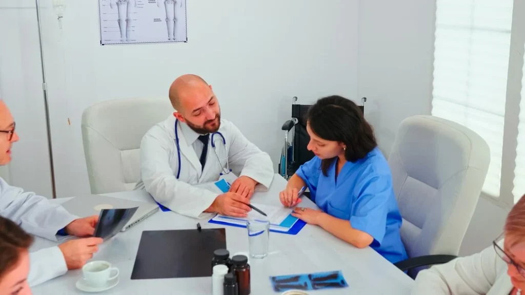A group of doctors discussing EHR Billing Services for Cardiology Practices at a table.